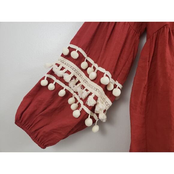 (O5) Cotton Bleu Womens Top Size L Pom Pom Peasant Boho Bohemia Tassel Rust - Picture 3 of 7
